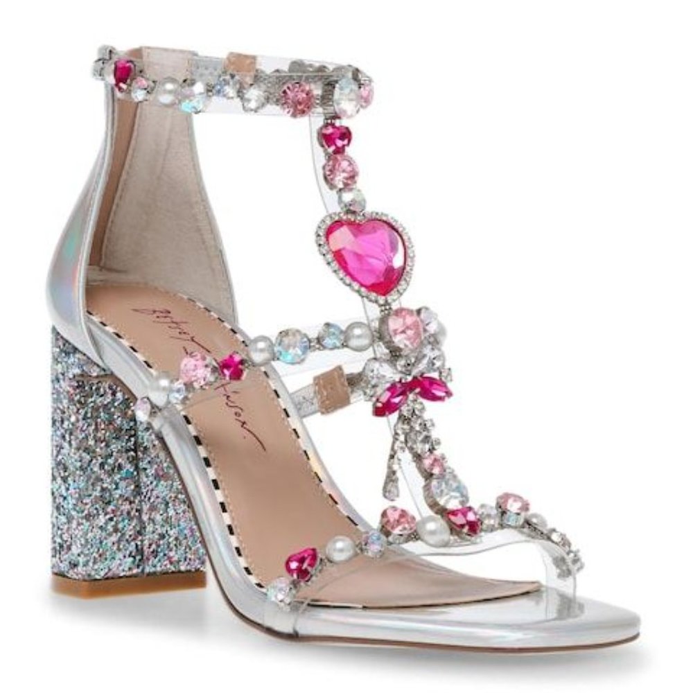 Betsey Johnson Astridd Silver Pink Rhinestone Studded Dress Sandal Size 8.5